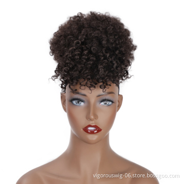 Vigorous Wholesale Heat Resistant Fiber Kinky Curly Ponytail With Bangs Hair Extension For Black Women Synthetic Afro Hair Bun